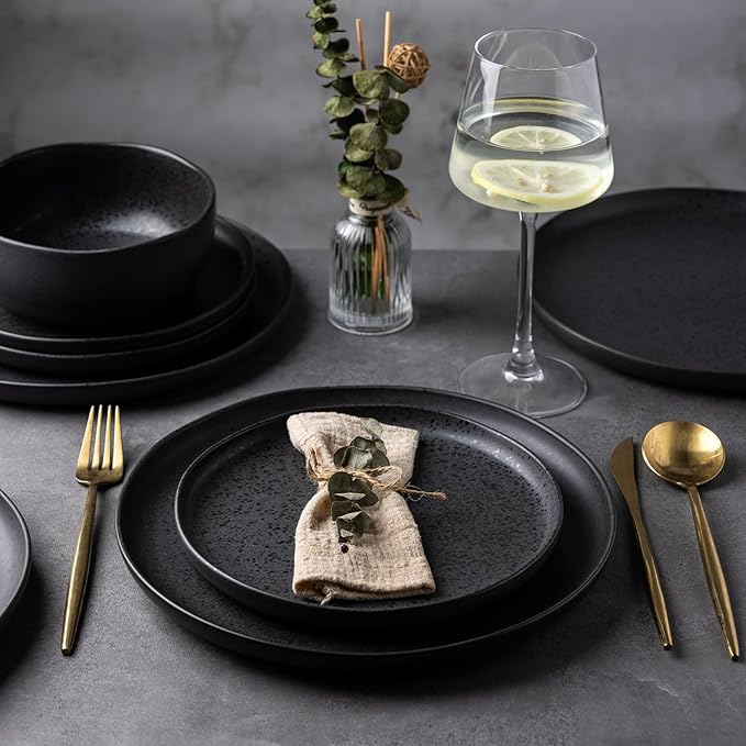 AmorArc Ceramic Dinnerware Sets Wavy Rim Stoneware Plates and Bowls SetsDishwasher &amp Microwave &amp Oven Safe Dishes set Service for 4 (12pc)-Charcoal Matte