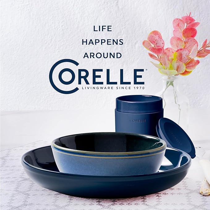 Corelle Stoneware Dinnerware Set Handmade Reactive &amp Solid Glazed Ceramic Plates and Bowls Modern Rustic Style Round Dishes Service for 4 Navy 16 PIECE SET