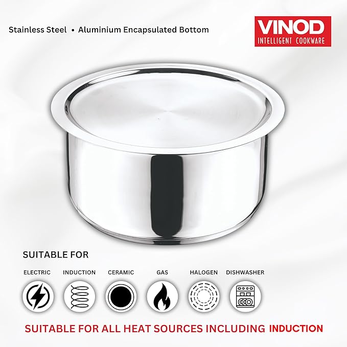 Vinod Stainless Steel 304 Grade Tope/Patila/Topiya with Lid - Diameter 20 cm Capacity 3 Litre Induction and Gas Stove Friendly 2 Year Warranty Silver