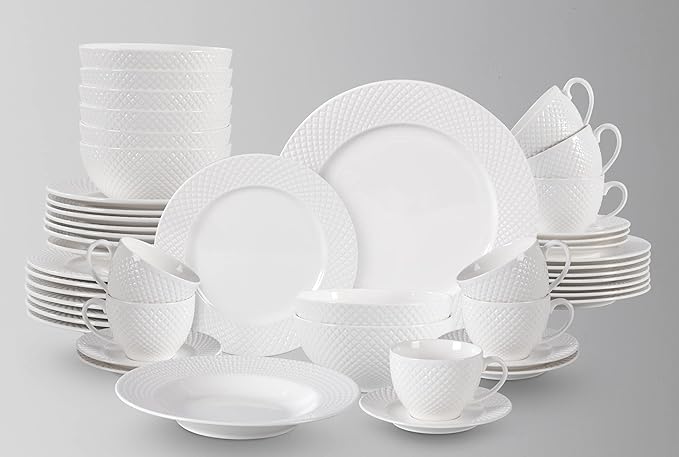HomeVss New Bone China Dinnerware Set Embossed Diamond Design 48pc Set