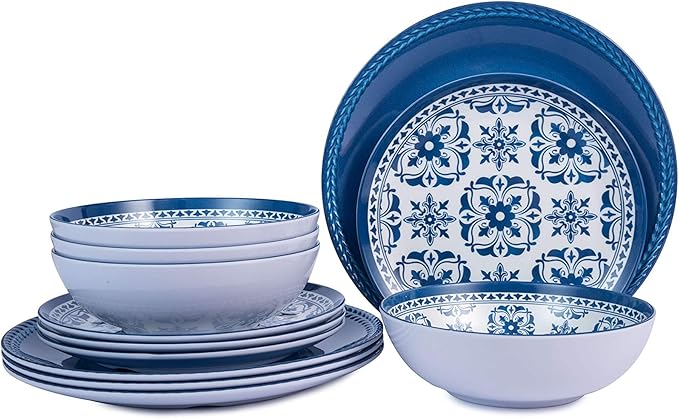 Melamine Dinnerware Set -12pcs Outdoor and Indoor Plates and Bowls Set Service for 4 Dishwasher Safe Blue Flower