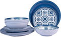 Melamine Dinnerware Set -12pcs Outdoor and Indoor Plates and Bowls Set Service for 4 Dishwasher Safe Blue Flower