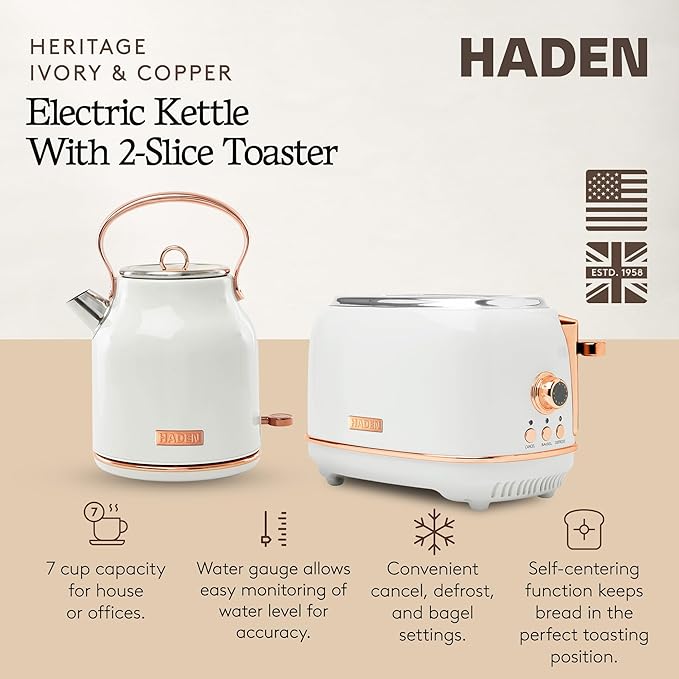 Haden Heritage 2 Slice Wide Slot Stainless Steel Toaster Bundled with 1.7 Liter Stainless Steel Electric Water Kettle Ivory &amp Copper