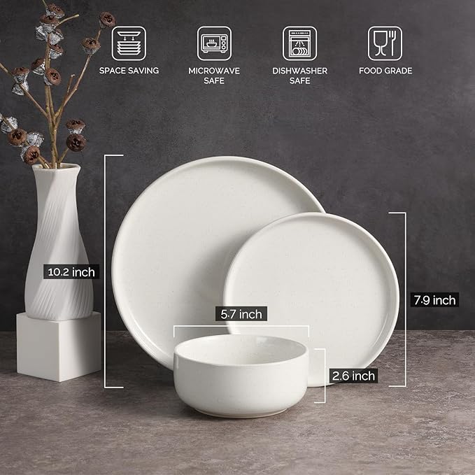 Vesteel 18-Piece Dinnerware set Ceramic Plates and Bowls set for 6 Speckled Stoneware Dishes Set for Family Microwave &amp Dishwasher Safe - Speckled White
