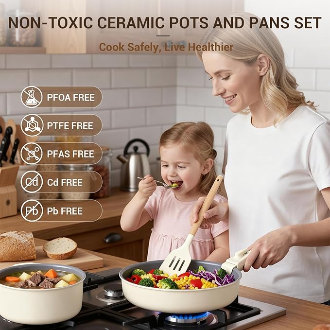 Ammeloo Ceramic Pots and Pans Set Non Stick Non Toxic Cookware Set with Removable Handles 18 Pcs Healthy Kitchen Cooking Set Induction Ready Dishwasher &amp Oven Safe PFAS PFOA &amp PTFE Free