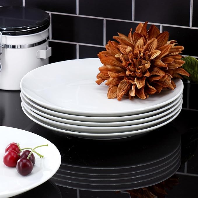 12-Piece Porcelain Dinner Plate Set – Large White Square &amp Round Plates Microwave and Dishwasher Safe Elegant Durable Dinnerware for Everyday Meals and Entertaining (Round)