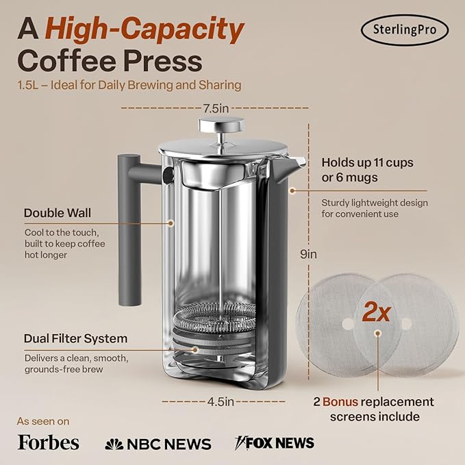Stainless Steel French Press Coffee Maker 1.5 L (51 oz) Grey – Double Walled Insulated Large Coffee Press Durable Design Keeps Drinks Hot Easy to Use and Clean for Rich Flavor Brewing