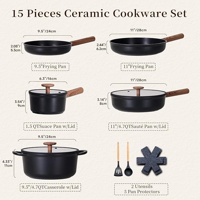 JEETEE Ceramic Cookware Set 15 PCS Pots and Pans Set Non Stick with Removable Handles Non Toxic Induction Kitchen Cookware Sets Dishwasher/Oven Safe PFAS/PFOA Free Black