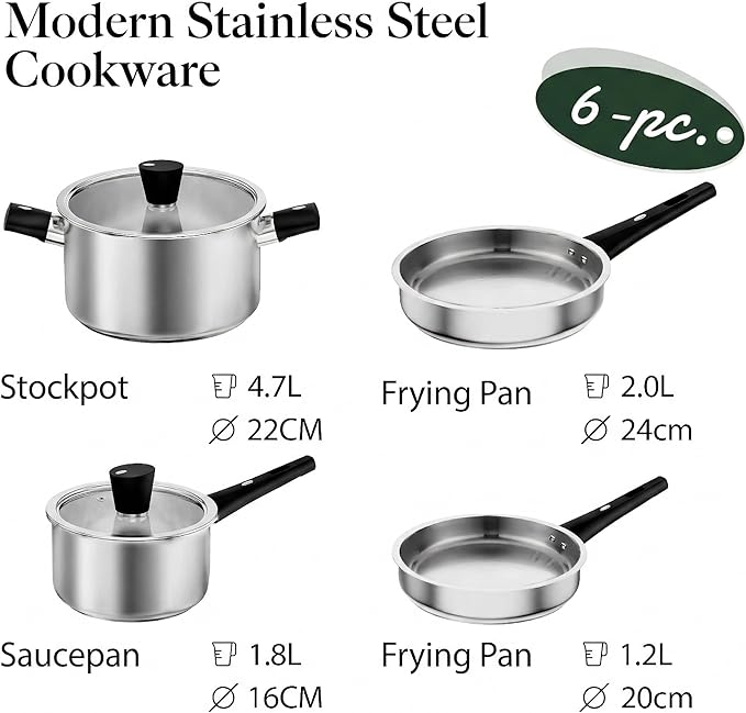 Meythway 𝐔𝐏𝐆𝐑𝐀𝐃𝐄 Stainless Steel Pots and Pans Set Non Toxic 6PCs Kitchen Cookware Sets with Stay-Cool Handles Non-Stick Dishwasher Safe&ampCompatible with All Stovetops(GasElectric&ampIn