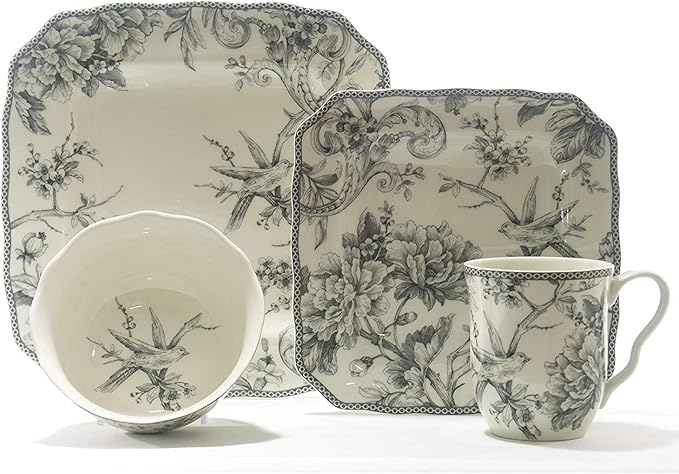 222 Fifth Adelaide 16-Piece Square Dinnerware Set – Service for 4 Floral Porcelain Big Dinner Plates and Bowls Sets for Everyday Dining &amp Entertainment Microwave &amp Dishwasher Safe Chip Res