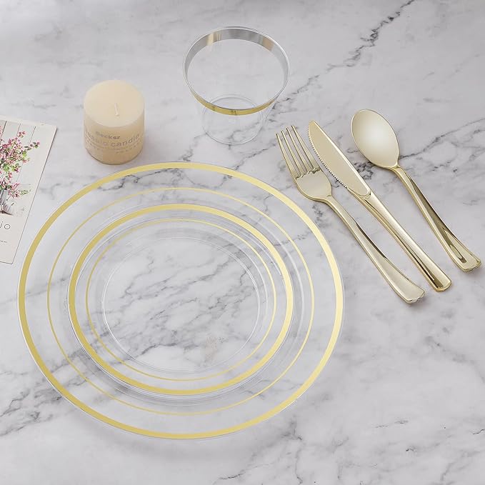 BESTVIP 100PCS Clear Plastic Plate Disposable Party Plates with 50 Dinner and 50 Dessert Plates Plastic Plate for Party Wedding and Birthday
