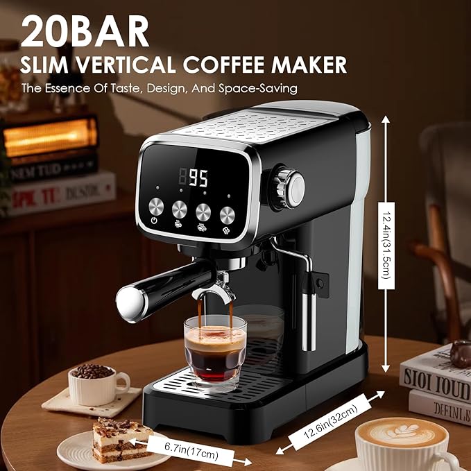 Slim Design 20 Bar Espresso Machine with Milk Frother Digital Temperature Display &amp 43oz Removable Tank Compact Home Coffee Maker (Buttons)
