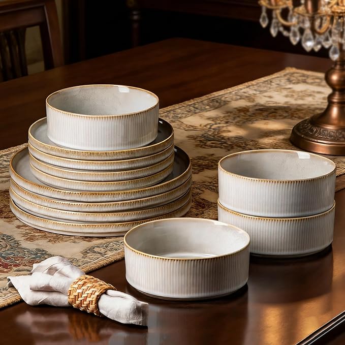 Stoneware Dinnerware Sets for 4 Stoneware Plates and Bowls Set 12-Piece Ribbed Dishes – Chip &amp Scratch Resistant Microwave and Dishwasher Safe Tableware Warm White
