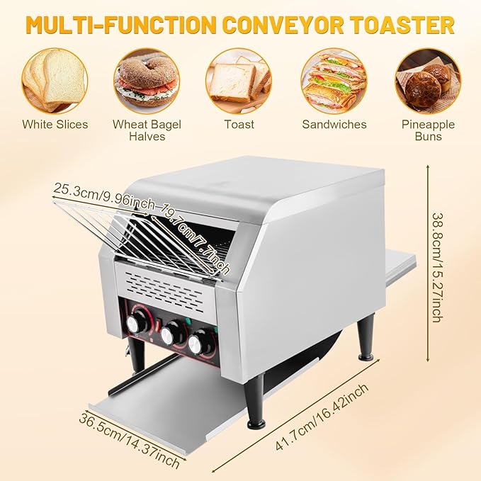 Commercial Conveyor Toaster 300 Slices/H Stainless Steel 2200W Electric Toaster Oven 7 Shade Settings Heavy Duty Conveyor Belt Bread Oven for Bagels Bread Donuts Sandwiches