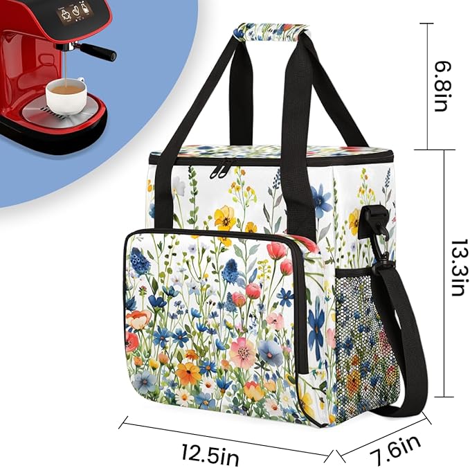 Botanic Flowers Coffee Maker Carrying Bag Portable Travel Storage Tote Bag Compatible with K-Mini or K-Mini Plus Single Serve Coffee Brewer Carrying Case with Multiple Pockets &amp Shoulder Strap