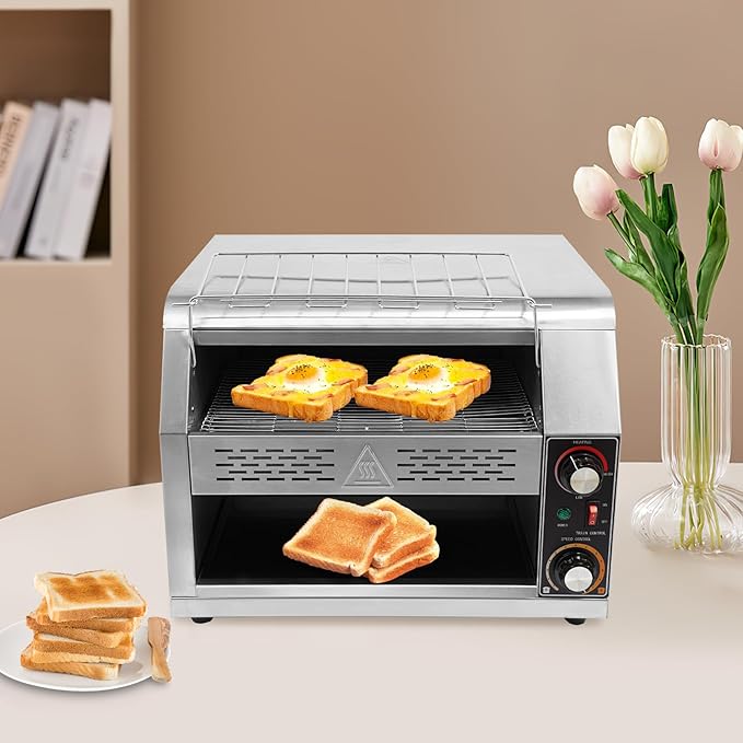 Commercial Conveyor Toaster – 450 Slices/Hour Stainless Steel Bread Toaster with Adjustable Speed &amp Triple Heating Mode High-Efficiency 2400W Toasting Machine for Cafes Hotels Restaurants