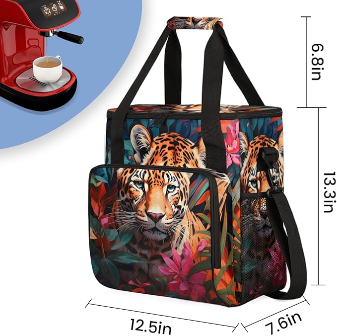 Tiger Coffee Maker Carrying Bag Flowering Shrubs Travel Storage Bag Compatible with K-Mini or K-Mini Plus Single Serve Coffee Brewer Carrying Case with Multiple Pockets &amp Shoulder Strap