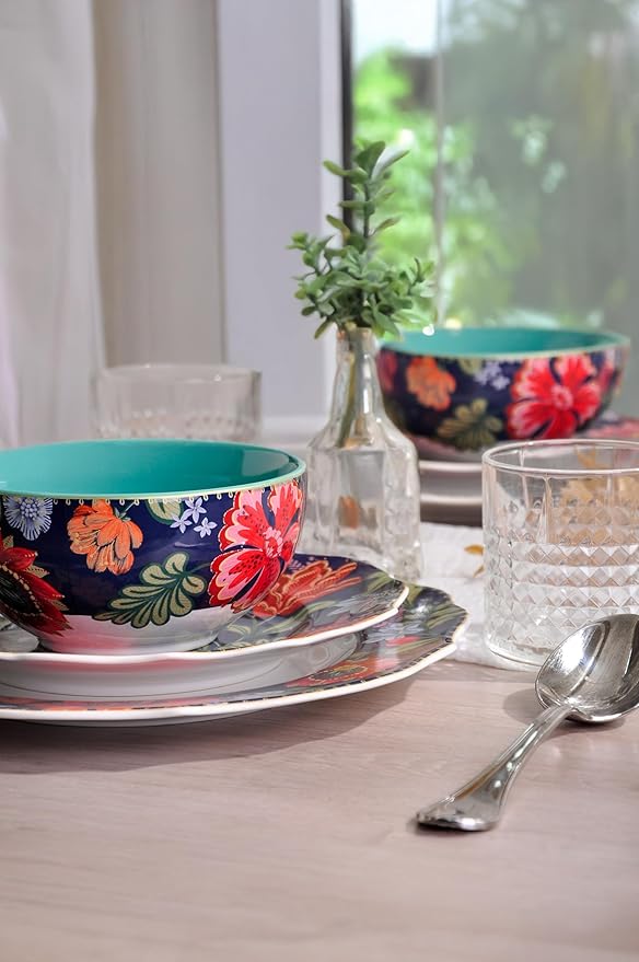 222 Fifth 12-Piece Porcelain Dinnerware Set for 4 White &amp Parisian Blue Plates and Bowls Set with Gold Rim Glossy Ceramic Dish Set with Detailed Floral Design Microwave &amp Dishwasher Safe C
