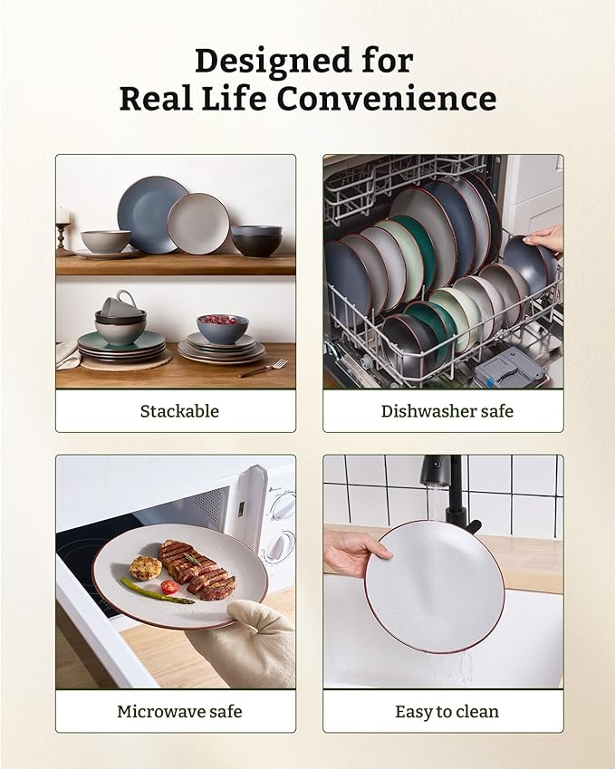 Famiware Venus Speckled Dinnerware Set 24-Piece Stoneware Dishes for 6 Matte Light Gray - Includes Pasta Bowls &amp Dinner Plates for Everyday Meals or Formal Dining Microwave &amp Dishwasher Saf