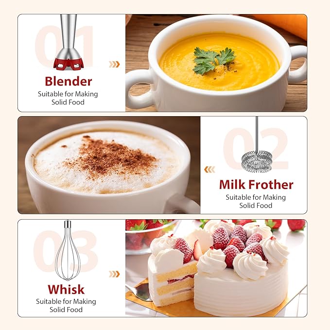 KOIOS Immersion Blender 1000W Anti-scratch 3-in-1 Hand Blender Upgraded 12 Speed Stainless Steel Blade Stick Blender with Turbo Mode Whisk and Milk Frother Non-BPA Red