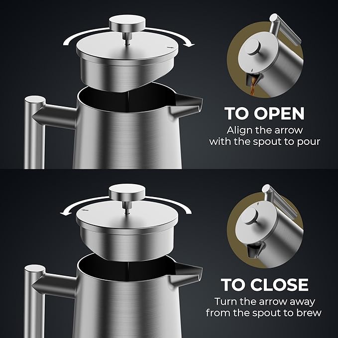 French Press Coffee Maker Stainless Steel French Press 34 Oz / 1L Large Insulated Double Wall Coffee Maker with 3 Extra Mesh Filters Satin Finish Silver