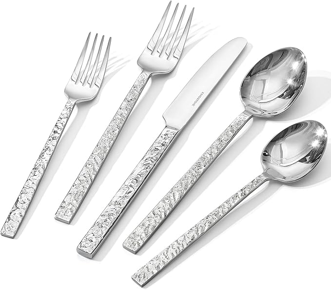 KINGSTONE 40 Pcs Hammered Silverware Set for 8 18/10 Stainless Steel Heavy Duty Flatware Set Tableware Cutlery Utensil Sets for Home Restaurant Dishwasher Safe