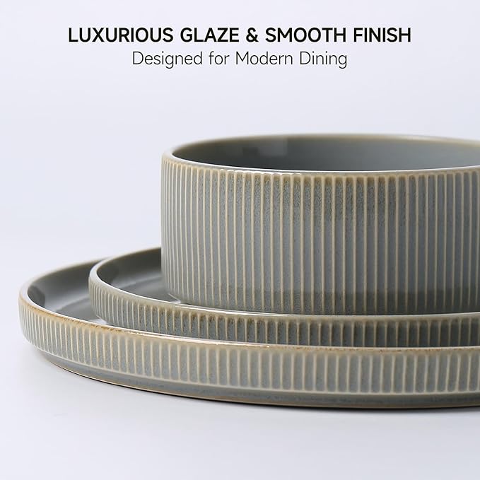 MONITO Ceramic Dinnerware Sets for 6 18PCS Stoneware Plates and Bowls Sets Reactive Glaze Dish Set Chip and Scratch Resistant Double Microwave and Dishwasher Safe Sage Mist