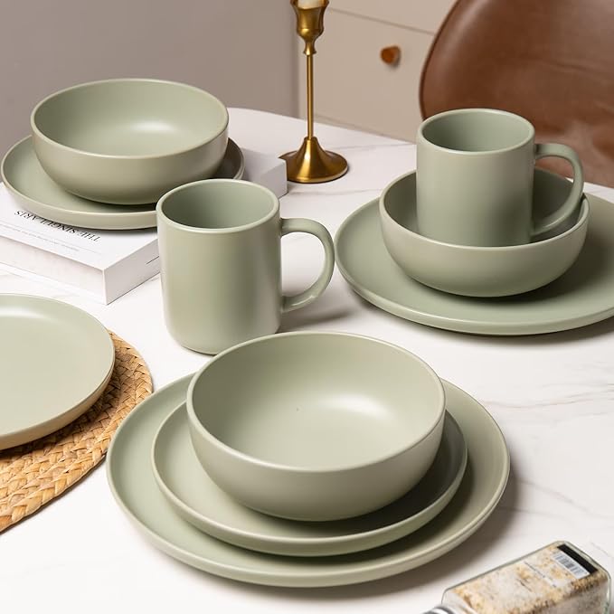 12-Piece Stoneware Dinnerware Set with Mugs | Microwave and Dishwasher Friendly | Stackable Matte Glaze Plates &amp Bowls | Service for 3 (Green for 3)
