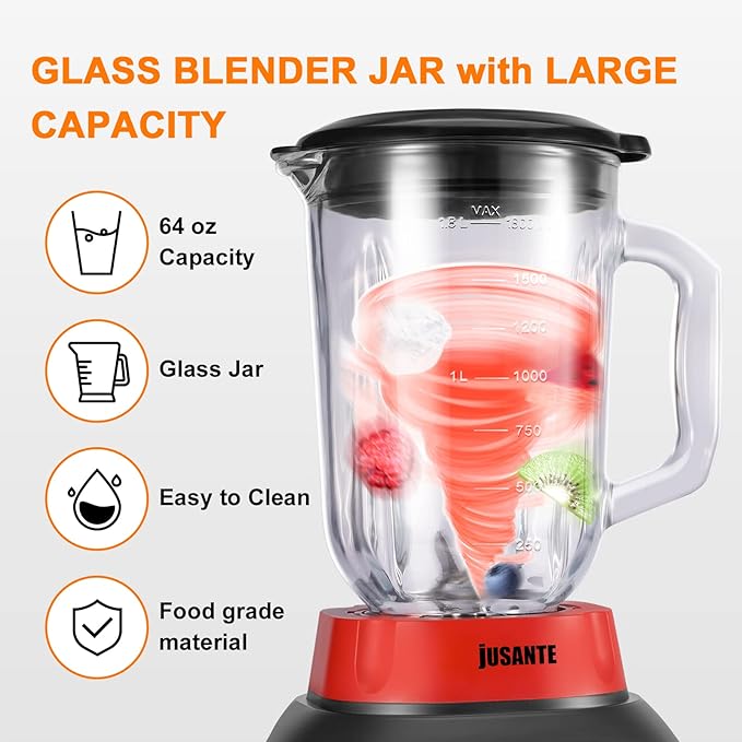 Blender Countertop Blender for Smoothies with 64 oz Glass Jar Kitchen 1200 Watts High Speed Juicer Blender Ice Crusher for Shakes Frozen Drinks (Red)
