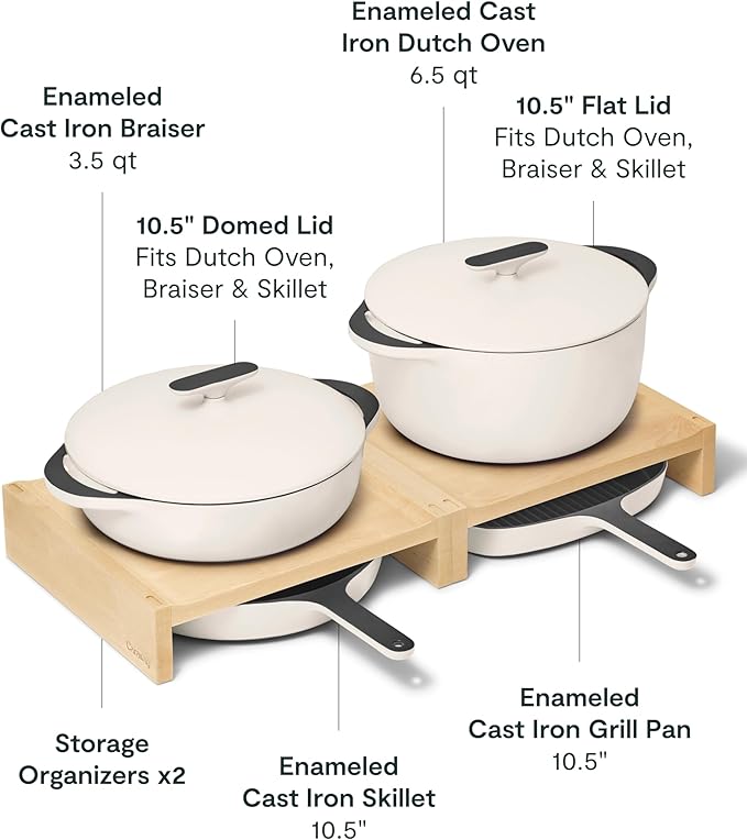 Caraway 8-Piece Enameled Cast Iron Set - 10.5” Skillet Grill Pan 3.5 qt Braiser Pan 6.5 qt Dutch Oven with Lid and Organizers - Non-Toxic 3-Layer Enamel Coating - No Seasoning Required - Cream