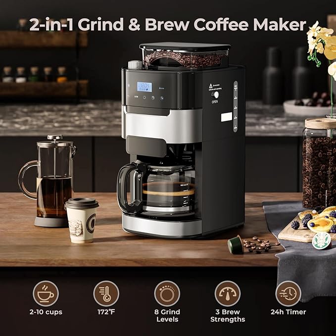 Drip Coffee Maker with Grinder Built In 10-Cup Grind and Brew Coffee Machine Fully Automatic Programmable with Brew Strength Permanent Filter Glass Carafe 50oz Water Tank Ideal for Home/Office