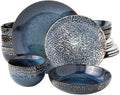 16 Piece Elegant Stoneware Dinnerware Set for 4 | Unique Style Reactive Glaze Finish With Striking Detailed Design Cobalt Blue Color Smooth Textured | Microwave &amp Dishwasher Safe Luxury Appearance