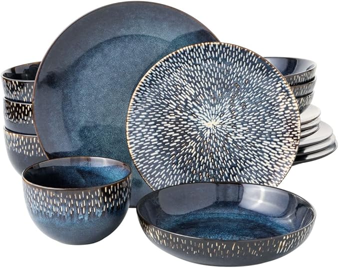 16 Piece Elegant Stoneware Dinnerware Set for 4 | Unique Style Reactive Glaze Finish With Striking Detailed Design Cobalt Blue Color Smooth Textured | Microwave &amp Dishwasher Safe Luxury Appearance