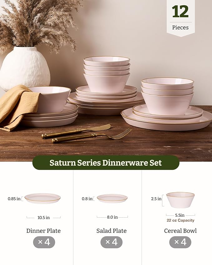 Famiware Saturn Dinnerware Sets Plates and Bowls Sets for 4 12 Pieces Stoneware Dish Set - Chip and Scratch Resistant Microwave and Dishwasher Safe Tableware Set Light Pink with Rim