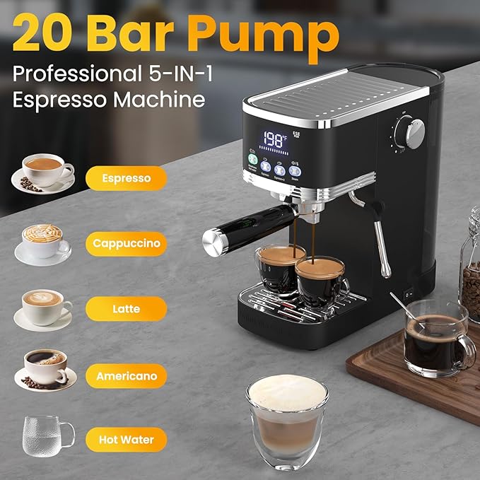 Espresso Machine 20 Bar Temperature Time LED Display Espresso Maker with Adjustable Extraction Temperature Stainless Steel Coffee Machine with Powerful Steam Wand for Cappuccino LatteBlack