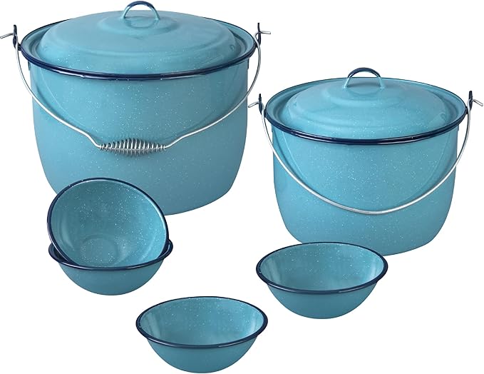 Cinsa 8-Piece Enameled Steel Stock Pots (14 &amp 8 QT) with Lids Turquoise Blue Cookware Set