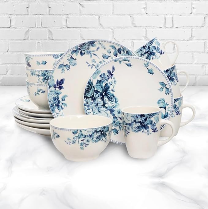 Traditional Blue Rose 16 Piece Stoneware Dinnerware Set (Blue)