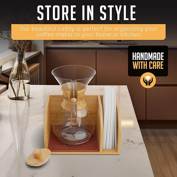 HEXNUB Caddy and Lid for Pour Over Coffee Maker Bamboo Stand fits Chemex Bodum Cosori Carafes Heatproof Mat Filter Holder for Drip Coffee Maker - Brown Mat