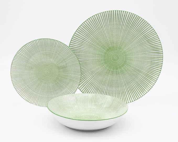 Godinger Laura Green Porcelain 12‑Piece Dinnerware Set Service for 4 – Green &amp White Starburst Design Includes 4 Dinner Plates 4 Salad Plates &amp 4 Bowls Microwave Safe Tableware for Gift Us