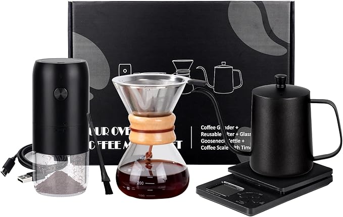 SuperCook Pour Over Coffee Dripper Set Hand Drip Coffee Maker Set All in One Pour Over Kit with Electric Grinder Coffee Dripper Set Ideal for Anniversary Birthday Gift