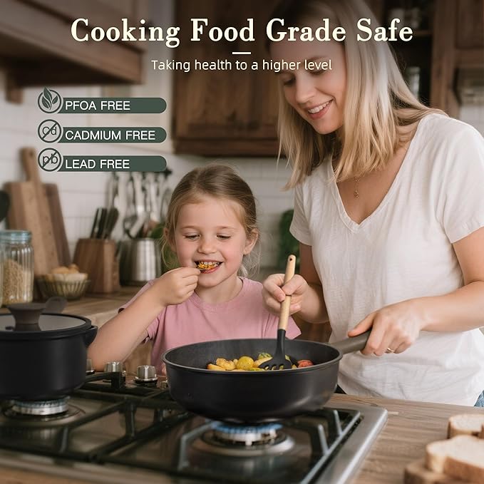 Astercook Non Stick Pots and Pans Set Healthy Non-Toxic Titanium Induction Kitchen Cookware Sets for Cooking with Frying Pans PFAS/PTFE/PFOA &amp PFOS Free Black 19 Pcs