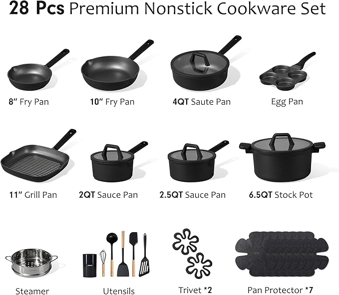CAROTE 28PCS Pots and Pans Set Nonstick Cookware Set Kitchen Non Stick Induction Titanium Cookware Non-toxic Granite Cooking set PFOA Free Black