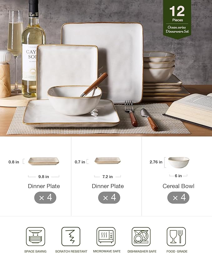 Famiware Dinnerware Sets for 4 Ocean Square 12-Piece Kitchen Plates and Bowls Sets Reactive Glaze Microwave and Dishwasher Safe Scratch Resistant Cappuccino White