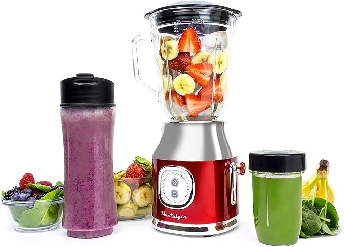 Classic Retro Electric Pulse Blender 1 Liter Glass Pitcher Includes Tritan Personal Travel Bottle With Lid And Storage Container High Power 300 Watts Crushes And Pulverizes Ice Cubes