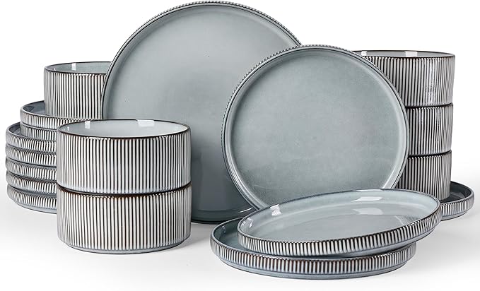 famiware Star Plates and Bowls Sets Modern Stoneware Dinnerware Sets for 6 18-Piece Kitchen Dish Set - Chip and Scratch Resistant Microwave and Dishwasher Safe Tableware Smoky Blue