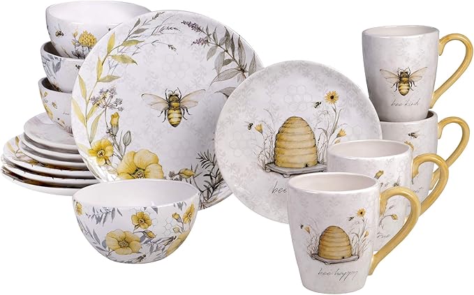 Bee Sweet 16-Piece Ceramic Dinnerware Set – Service for 4 Farmhouse Bee and Floral Design Includes 4 Dinner Plates 4 Salad Plates 4 Bowls 4 Large Mugs – Microwave &amp Dishwasher Safe