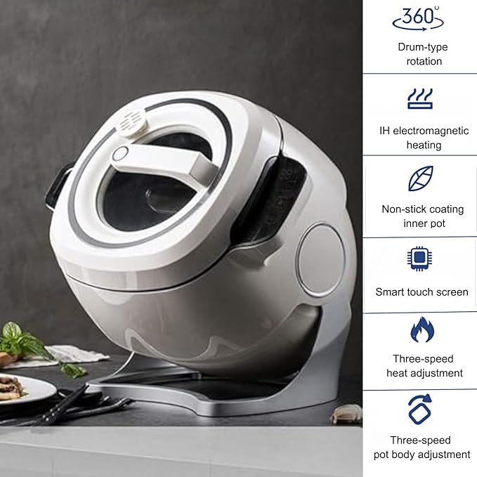 Lazy Wok Cooking Machine Commercial Food Processor 3 Speeds and 6l CapacityAutomatic Cooking Pot Fried Rice Machine 360° Rotatable Drum Wok Cooker - with 3 Cooki