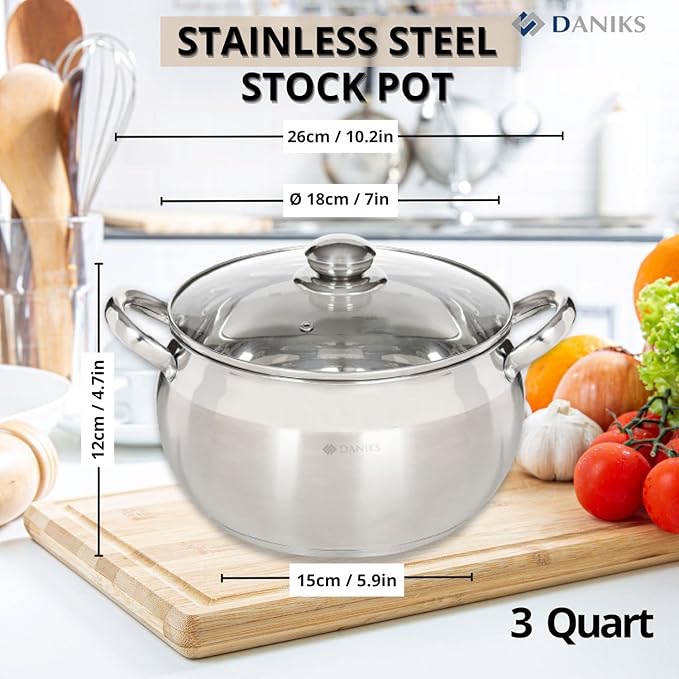 Daniks Classic 3 Quart Stainless Steel Stock Pot with Glass Lid Tri-Ply Bottom for Even Heating Induction Compatible Dishwasher Safe