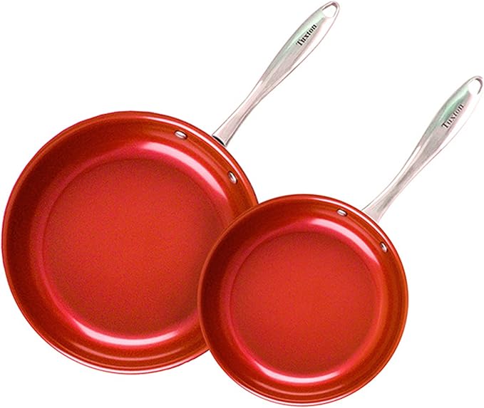 Non Stick Frying Pans - Tuxton Home Concentrix 2-Piece Stainless Steel Pan Set - Stove &amp Oven Compatible 8-inch &amp 11-inch Ceramic Frying Pan with Riveted Handles - Cayenne Red Nonstick Pan Set