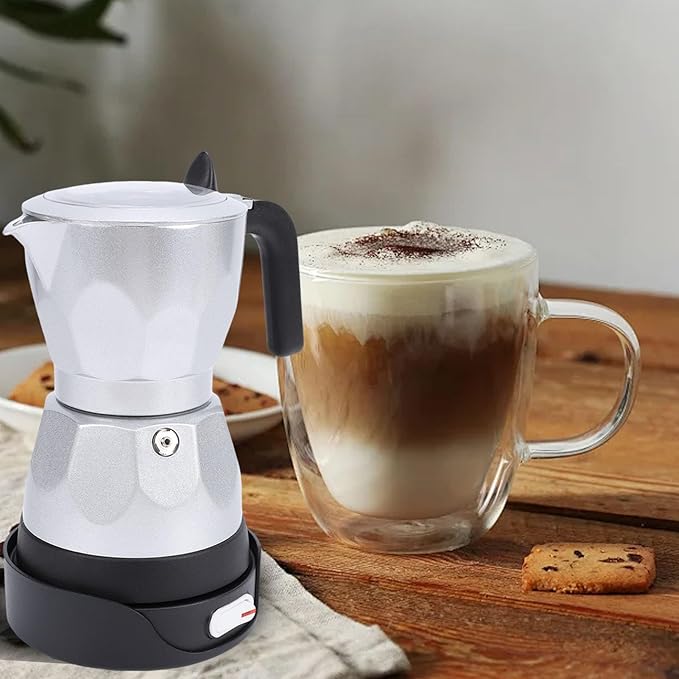 AUNMAS Coffee Pot 3 Cup Capacity Food Grade Aluminum Electric Expresso Coffee Machines with Heat Proof Plastic Lid for Home Office Travel (Silver)